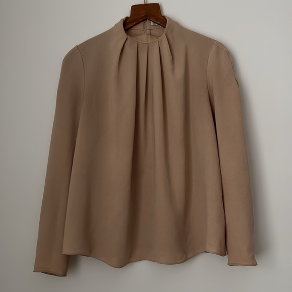 Tibi Beige Esme Pleated Crepe Long Sleeved Top - Picture 3 of 10